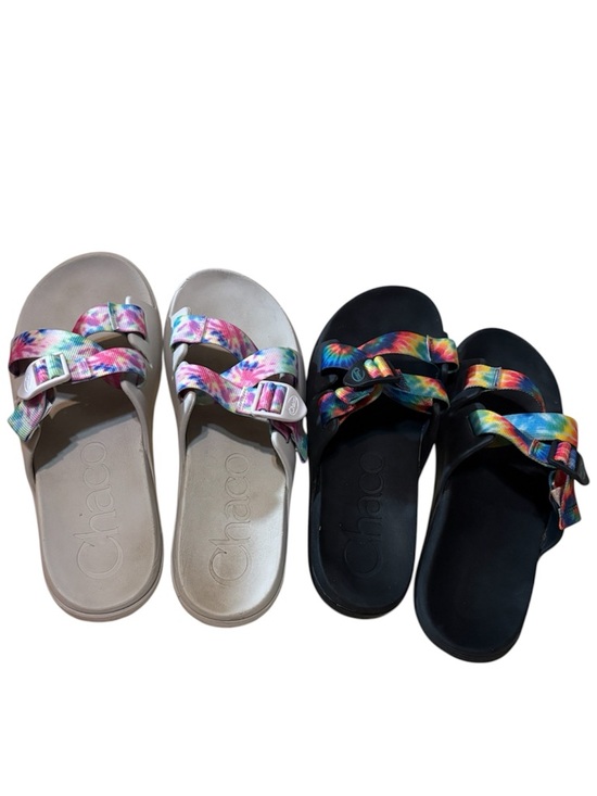 Chaco Shoes - Chaco Slide Sandals in Beige and Black with Rainbow Tie-Dye Straps